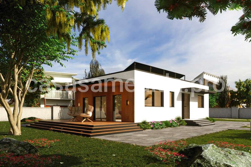 Casa prefabricada modular de estilo contemporáneo, ventanales grandes, porche amplio y fachada con acabados mixtos.