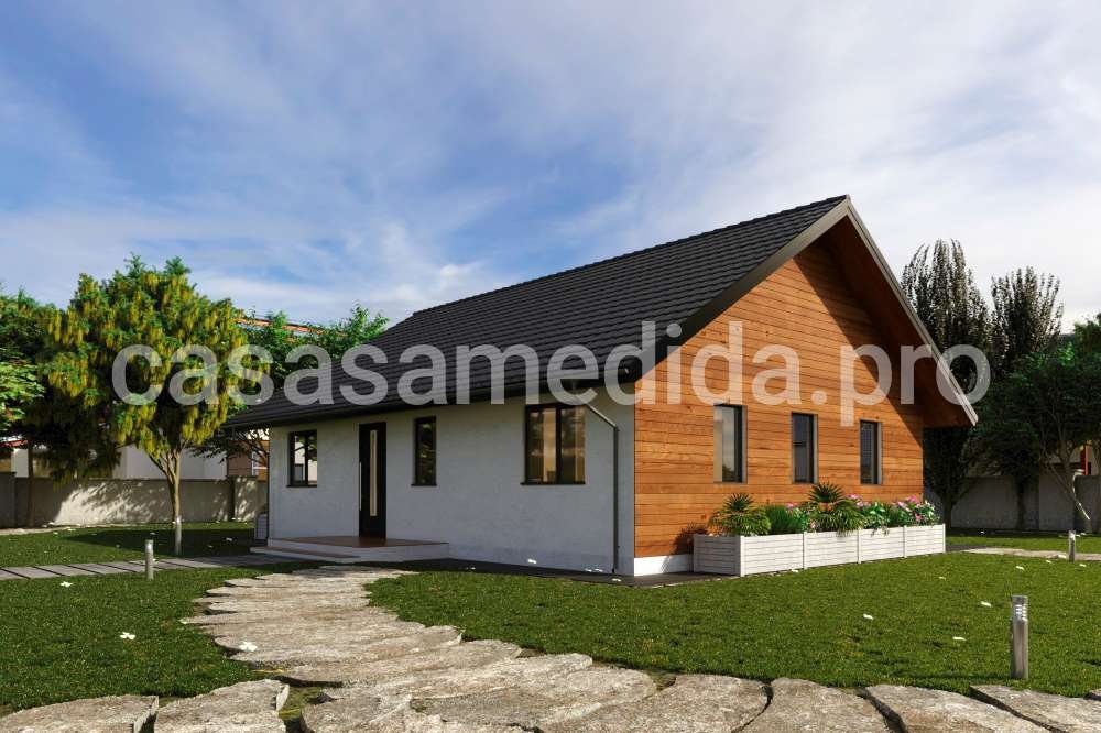 Casa con tejado a dos aguas, y dos tipos de acabados en la fachada madera y estuco.