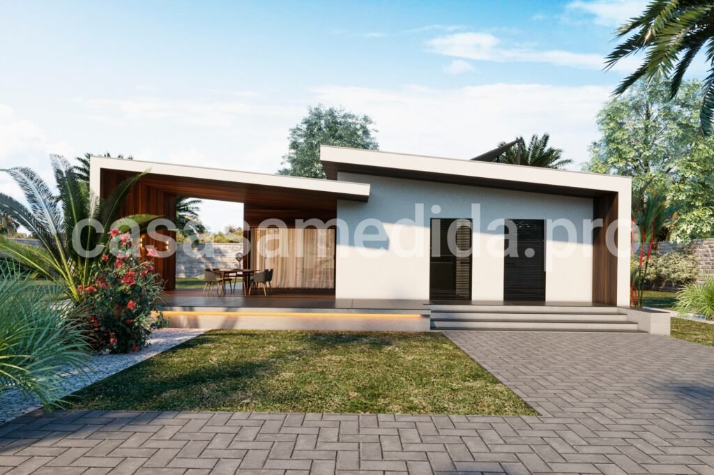 Casa de diseño de estilo contemporáneo con formas únicas. tejado a un agua inclinado, fachada blanca y ventanas grandes.