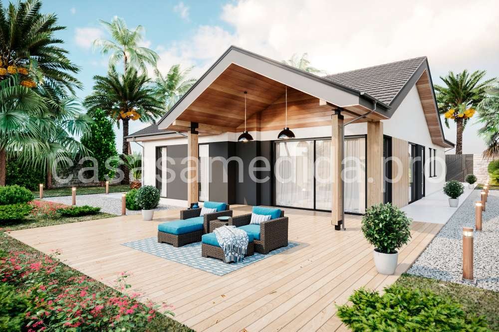 Casa prefabricada de estilo moderno escandinavo, con ventanales grades un garaje amplio y un porche grande.