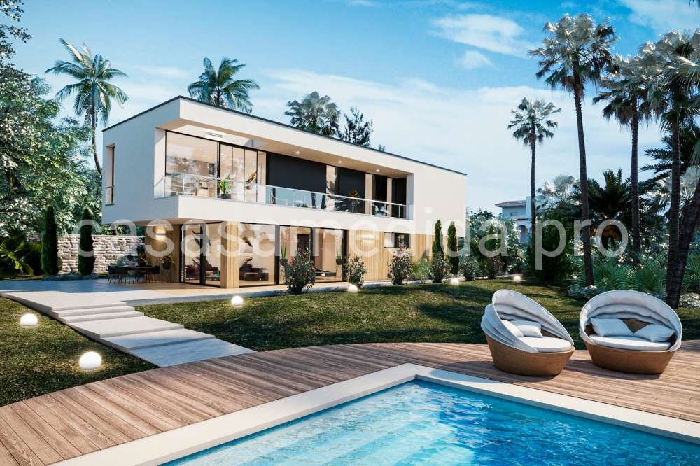 Casa moderna cúbica de dos plantas con fachada blanca y barandilla de cristal, con un garaje y habitaciones amplias.